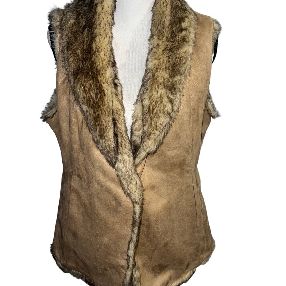 Crosby Tan Faux Suede and Fur Sleeveless Warm Winter Layering Vest Size Large
